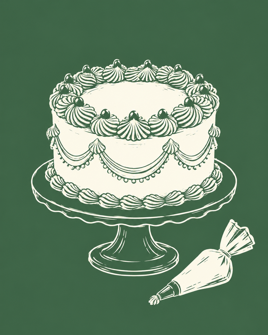 Stilisierte Illustration einer dekorierten Bento-Torte mit Spritzbeutel